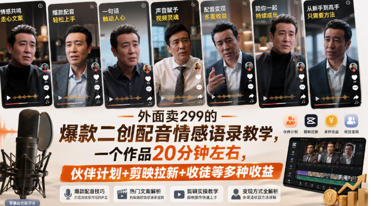 外面卖299的爆款二创配音情感语录教学，一个作品20分钟左右，伙伴计划+剪映拉新+收徒等多种收益