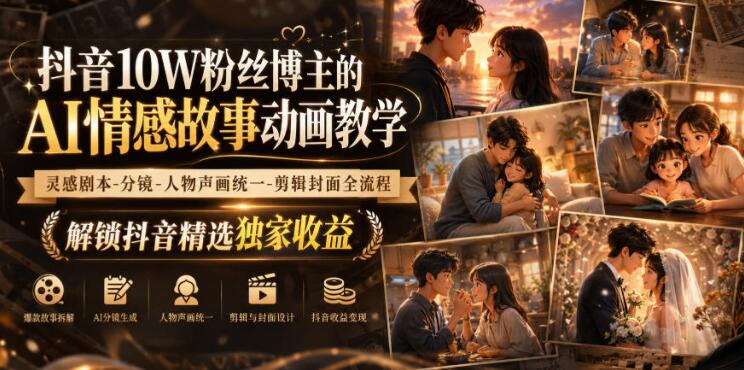 抖音10W粉丝博主的AI情感故事动画教学，灵感剧本‑分镜‑人物声画统一‑剪辑封面全流程，解锁抖音精选独家收益