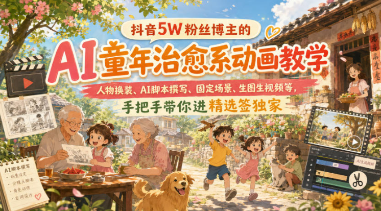 抖音5W粉丝博主的AI童年治愈系动画教学，人物换装、AI脚本撰写、固定场景、生图生视频等，手把手带你进精选签独家