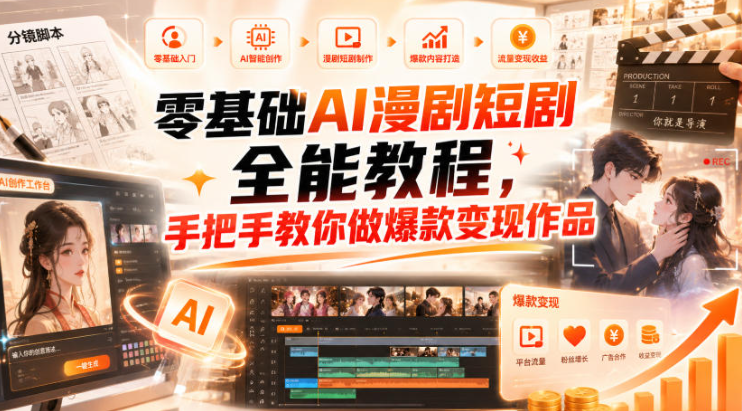 零基础AI漫剧短剧全能教程，从AI智能体搭建、文案脚本分镜、多平台AI生视频、剪映精修，覆盖全题材创作，手把手教你做爆款变现作品