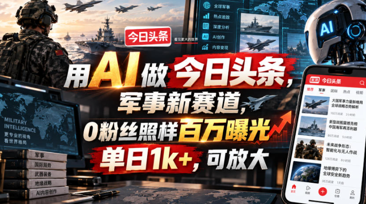 用AI做今日头条，军事新赛道，0粉丝照样百万曝光，单日1k+，可放大